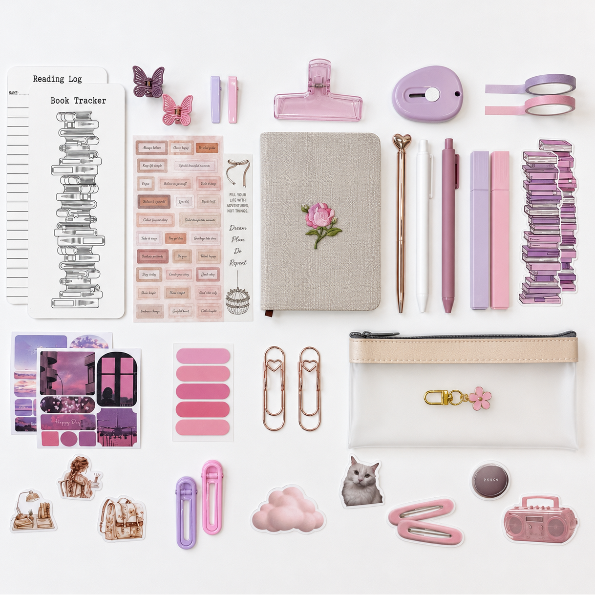 Pastel aesthetic stationery gift set featuring a linen floral notebook, reading tracker bookmark, pink and lavender pens, washi tapes, sticky tabs, butterfly clips, transparent pencil pouch, decorative stickers, paper clips, and cute desk accessories arranged in a flat lay on a clean white background.
