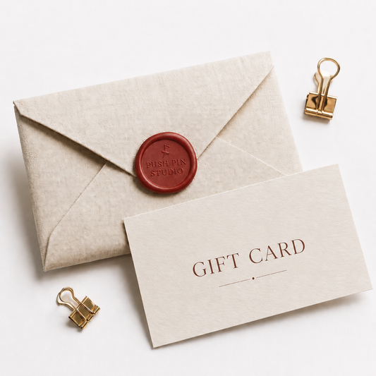 Beige envelope with red wax seal and 'Gift Card' card on a white background