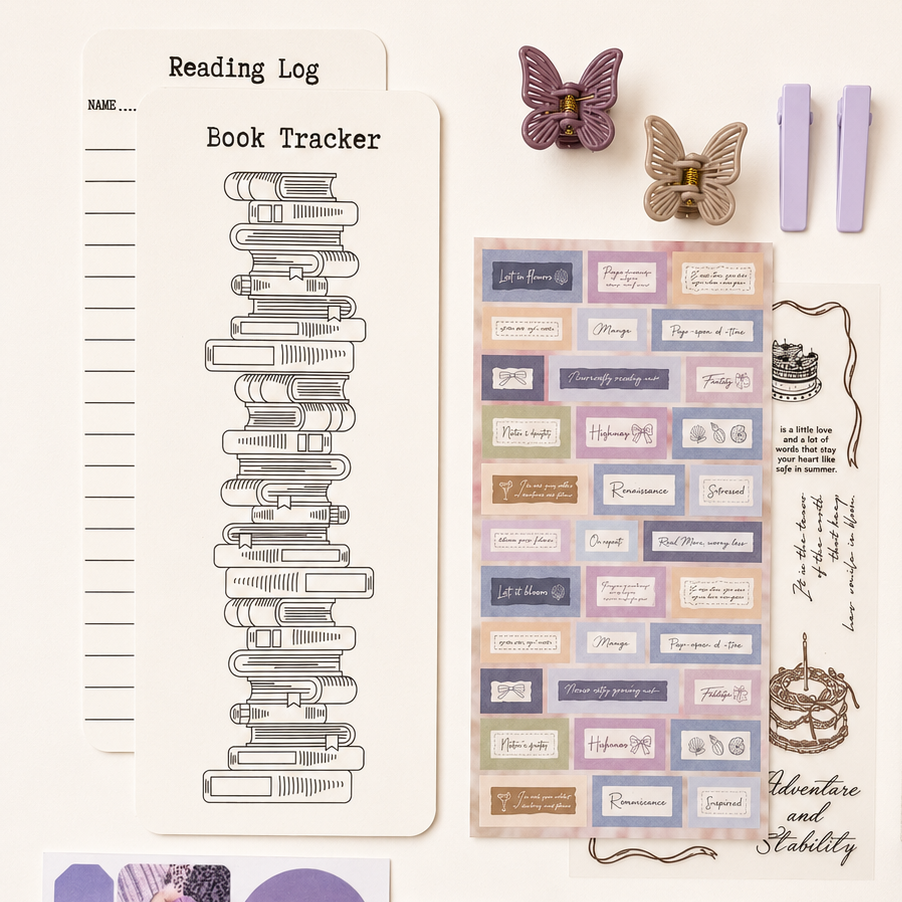 Collection of stationery items including a reading log, book tracker, stickers, and clips on a white background.