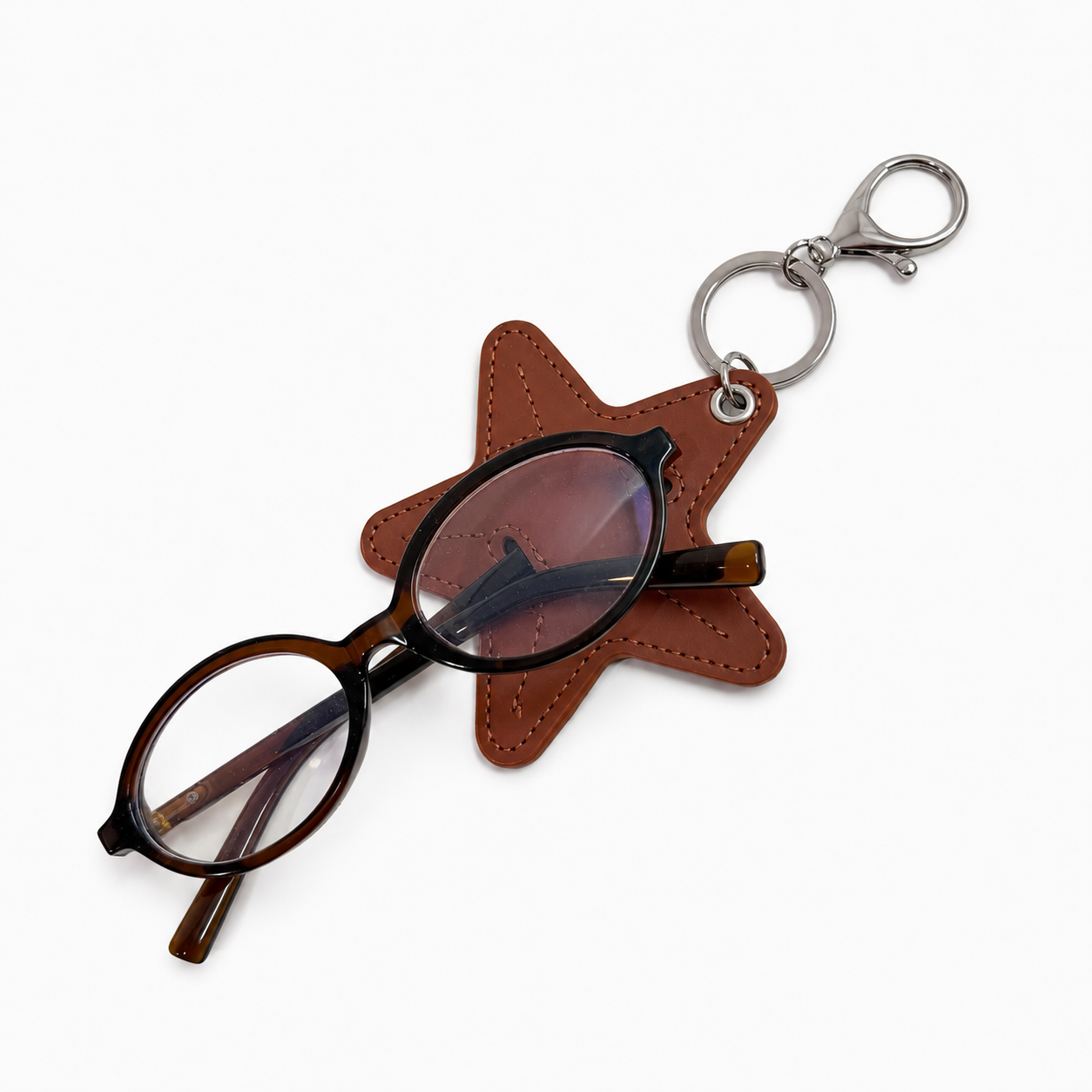 Star-shaped glasses case with a pair of glasses on a white background