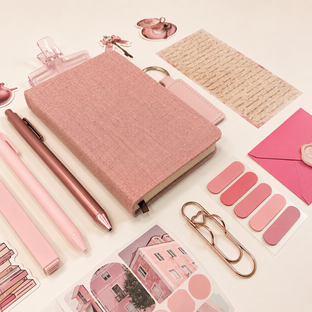 Pink stationery items including a notebook, pens, and stickers on a light background