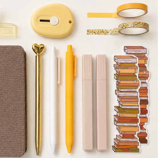 Warm neutral stationery flat lay with pastel pens, floral washi tape, book stack stickers and minimal journaling accessories in cozy aesthetic style