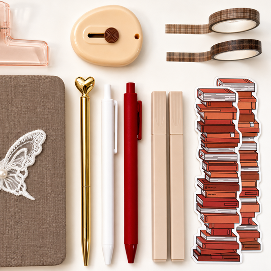 Collection of stationery items including a notebook, pens, and decorative elements on a white background