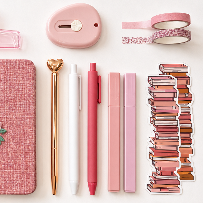 pink aesthetic stationery accessories with pens, washi tape, pastel markers, and cute BookTok-inspired journaling supplies