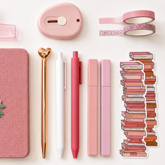 pink aesthetic stationery accessories with pens, washi tape, pastel markers, and cute BookTok-inspired journaling supplies