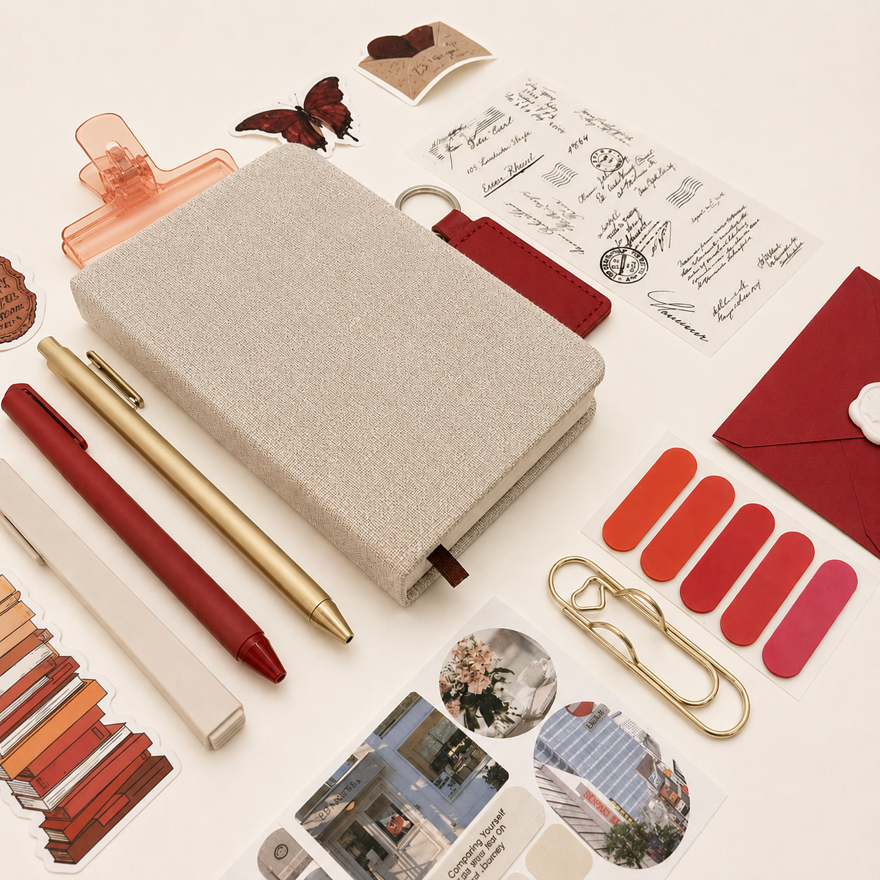 Notebook with stationery items on a light background
