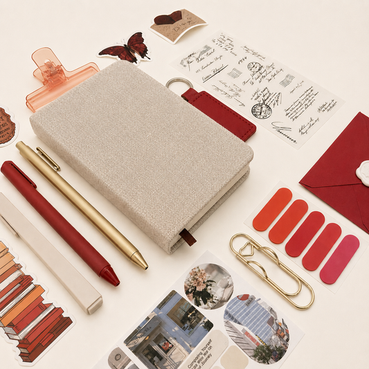 Notebook with stationery items on a light background