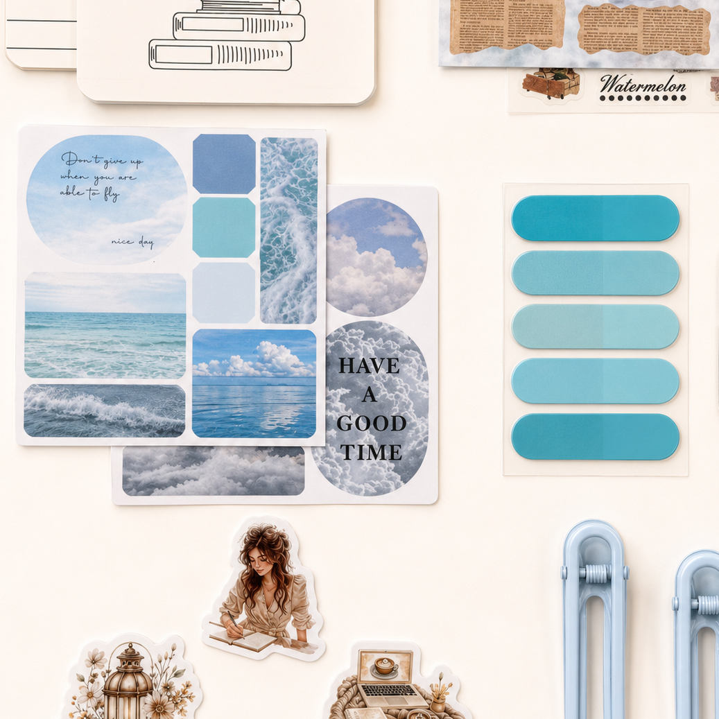 blue ocean-inspired journaling stickers and pastel page tabs with dreamy coastal tones for aesthetic planners, reading journals, and study setups