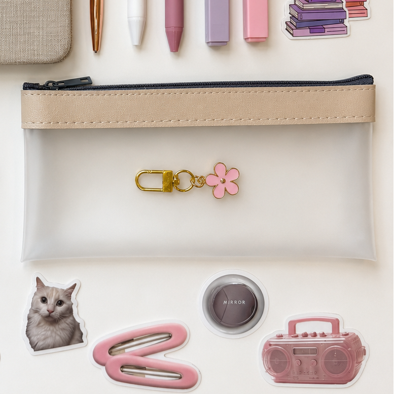 Minimal pastel stationery flat lay featuring a transparent beige pencil pouch with a pink flower charm, aesthetic pens and markers, cute cat and retro radio stickers, pink hair clip, compact mirror, and soft feminine desk accessories arranged on a clean white background.