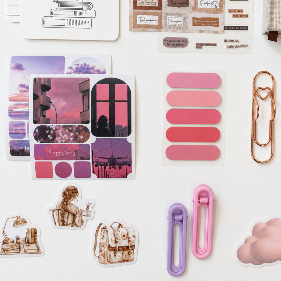 Cute pastel stationery accessories arranged in a clean flat lay featuring aesthetic pink and purple stickers, gradient page tabs, rose gold heart paper clip, pastel binder clips, cozy lifestyle decals, and soft cloud detail on a minimal white background.