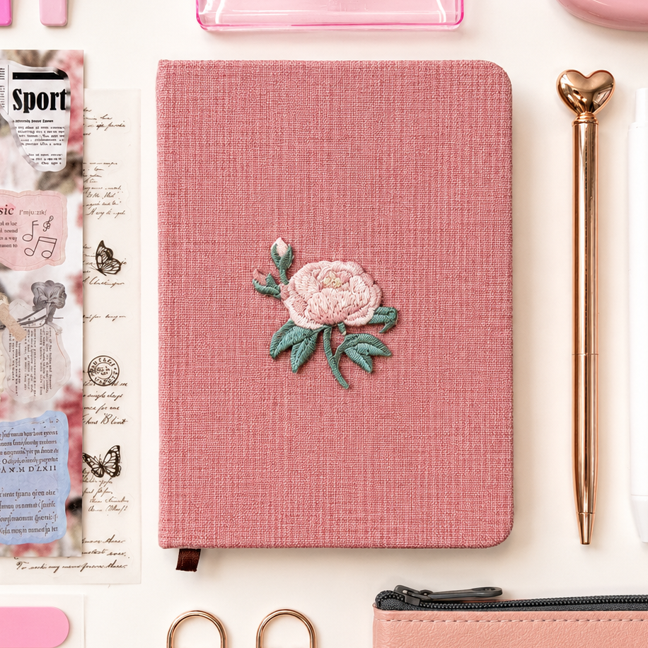 custom-designed pink linen journal created by Push Pin Studio with aesthetic stationery accessories and cute desk essentials