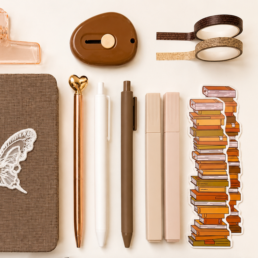 Collection of stationery items including a notebook with a butterfly design, pens, clips, and a pouch on a white background.