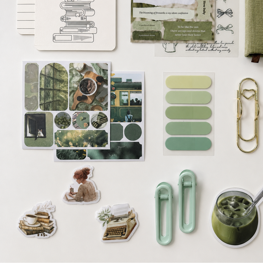 Green aesthetic journaling accessories with pastel page tabs, vintage collage stickers, gold paper clips and cozy stationery essentials flat lay
