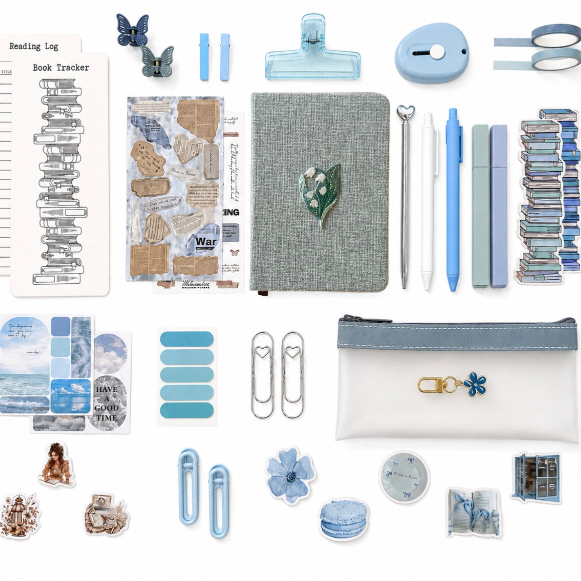 Blue stationery gift set with linen notebook, pens, stickers, bookmark, reading tracker, washi tape and pencil case