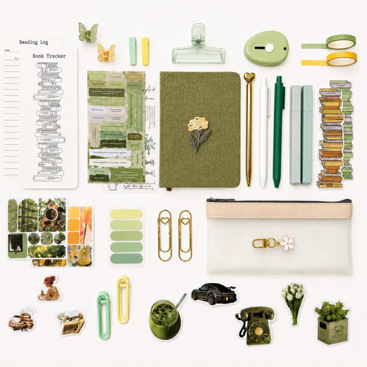 Collection of stationery items including a notebook, pens, clips, and decorative elements on a white background.