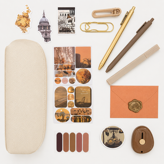 Collection of stationery items including pens, a case, stickers, and an envelope on a white background